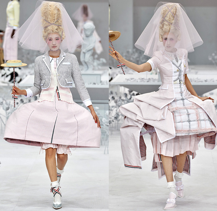 Thom Browne 2020 Spring Summer Womens Runway Catwalk Looks Collection - Mode à Paris Fashion Week France - Marie Antoinette 1980s Eighties Versailles Preppy Mesh Flowers Floral Headwear French Flag Ribbons Faux Necktie Blazer Jacket Coat Seersucker Stripes Choker Corset Patchwork Check Ship's Wheel Frayed Raw Hem Tweed Knit Weave Ruffles Peplum Crinoline Petticoat Long Pencil Skirt Hotpants Bridal Tulle Veil Wig Straw Hat Stick Flipper Dolphin Dog Handbag Brogues Lace Up Boots