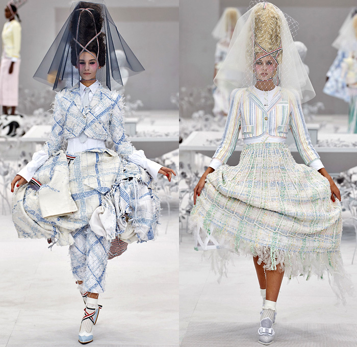 Thom Browne 2020 Spring Summer Womens Runway Catwalk Looks Collection - Mode à Paris Fashion Week France - Marie Antoinette 1980s Eighties Versailles Preppy Mesh Flowers Floral Headwear French Flag Ribbons Faux Necktie Blazer Jacket Coat Seersucker Stripes Choker Corset Patchwork Check Ship's Wheel Frayed Raw Hem Tweed Knit Weave Ruffles Peplum Crinoline Petticoat Long Pencil Skirt Hotpants Bridal Tulle Veil Wig Straw Hat Stick Flipper Dolphin Dog Handbag Brogues Lace Up Boots