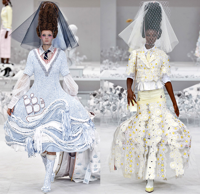 Thom Browne 2020 Spring Summer Womens Runway Catwalk Looks Collection - Mode à Paris Fashion Week France - Marie Antoinette 1980s Eighties Versailles Preppy Mesh Flowers Floral Headwear French Flag Ribbons Faux Necktie Blazer Jacket Coat Seersucker Stripes Choker Corset Patchwork Check Ship's Wheel Frayed Raw Hem Tweed Knit Weave Ruffles Peplum Crinoline Petticoat Long Pencil Skirt Hotpants Bridal Tulle Veil Wig Straw Hat Stick Flipper Dolphin Dog Handbag Brogues Lace Up Boots