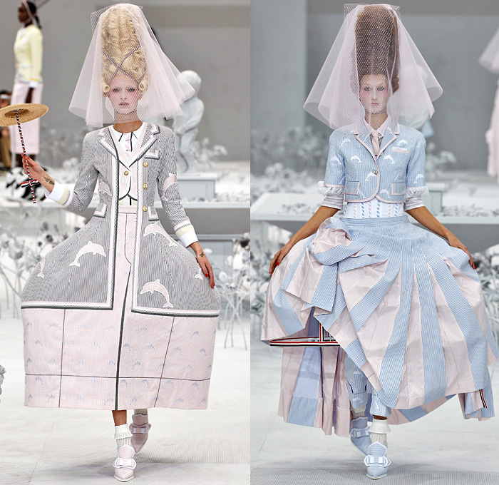 Thom Browne 2020 Spring Summer Womens Runway Catwalk Looks Collection - Mode à Paris Fashion Week France - Marie Antoinette 1980s Eighties Versailles Preppy Mesh Flowers Floral Headwear French Flag Ribbons Faux Necktie Blazer Jacket Coat Seersucker Stripes Choker Corset Patchwork Check Ship's Wheel Frayed Raw Hem Tweed Knit Weave Ruffles Peplum Crinoline Petticoat Long Pencil Skirt Hotpants Bridal Tulle Veil Wig Straw Hat Stick Flipper Dolphin Dog Handbag Brogues Lace Up Boots