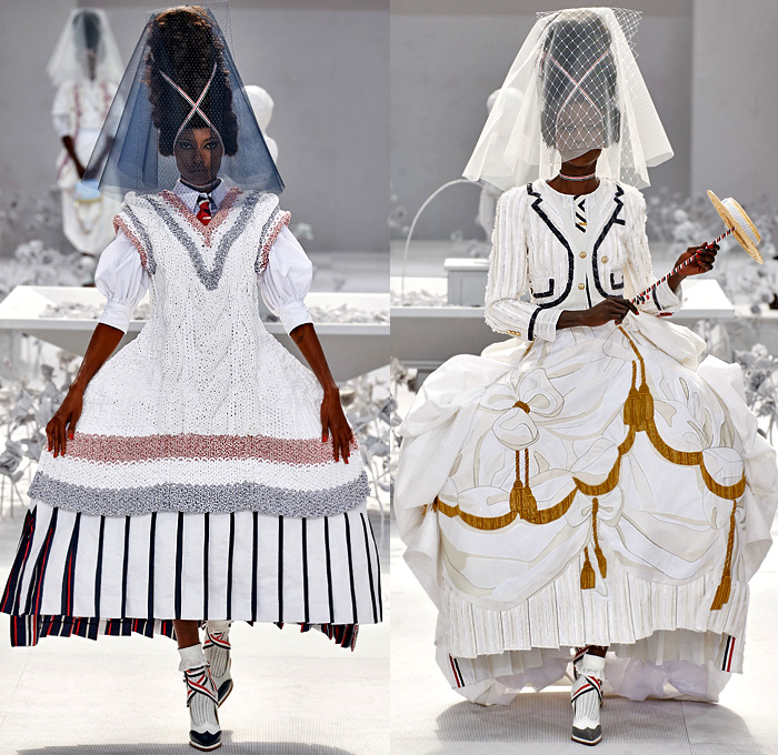 Thom Browne 2020 Spring Summer Womens Runway Catwalk Looks Collection - Mode à Paris Fashion Week France - Marie Antoinette 1980s Eighties Versailles Preppy Mesh Flowers Floral Headwear French Flag Ribbons Faux Necktie Blazer Jacket Coat Seersucker Stripes Choker Corset Patchwork Check Ship's Wheel Frayed Raw Hem Tweed Knit Weave Ruffles Peplum Crinoline Petticoat Long Pencil Skirt Hotpants Bridal Tulle Veil Wig Straw Hat Stick Flipper Dolphin Dog Handbag Brogues Lace Up Boots