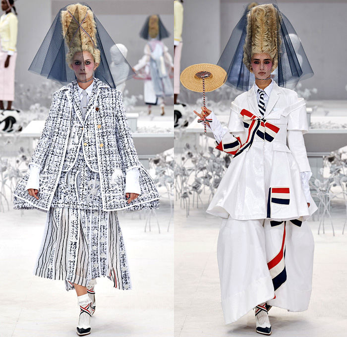 Thom Browne 2020 Spring Summer Womens Runway Catwalk Looks Collection - Mode à Paris Fashion Week France - Marie Antoinette 1980s Eighties Versailles Preppy Mesh Flowers Floral Headwear French Flag Ribbons Faux Necktie Blazer Jacket Coat Seersucker Stripes Choker Corset Patchwork Check Ship's Wheel Frayed Raw Hem Tweed Knit Weave Ruffles Peplum Crinoline Petticoat Long Pencil Skirt Hotpants Bridal Tulle Veil Wig Straw Hat Stick Flipper Dolphin Dog Handbag Brogues Lace Up Boots