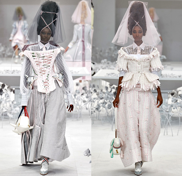 Thom Browne 2020 Spring Summer Womens Runway Catwalk Looks Collection - Mode à Paris Fashion Week France - Marie Antoinette 1980s Eighties Versailles Preppy Mesh Flowers Floral Headwear French Flag Ribbons Faux Necktie Blazer Jacket Coat Seersucker Stripes Choker Corset Patchwork Check Ship's Wheel Frayed Raw Hem Tweed Knit Weave Ruffles Peplum Crinoline Petticoat Long Pencil Skirt Hotpants Bridal Tulle Veil Wig Straw Hat Stick Flipper Dolphin Dog Handbag Brogues Lace Up Boots