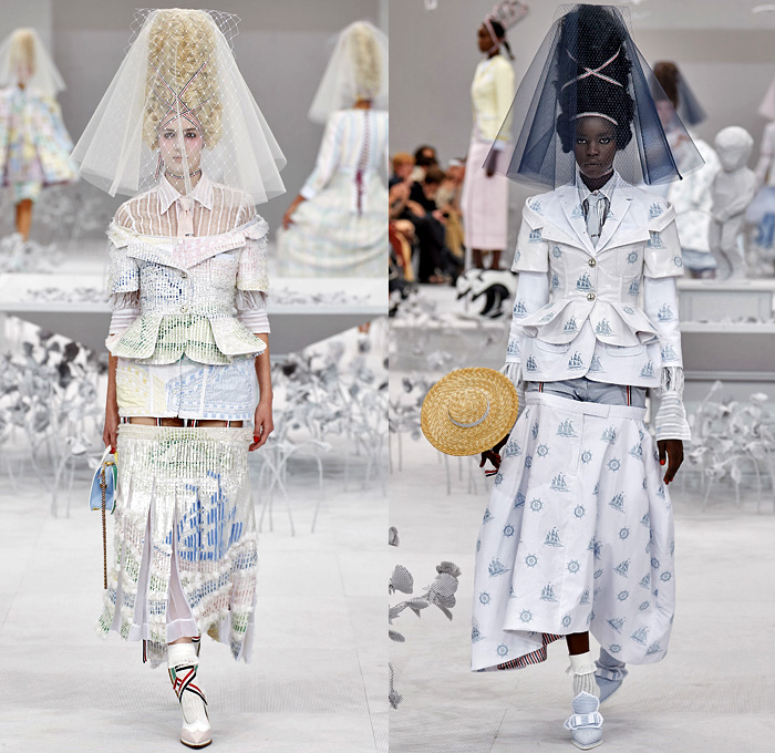 Thom Browne 2020 Spring Summer Womens Runway Catwalk Looks Collection - Mode à Paris Fashion Week France - Marie Antoinette 1980s Eighties Versailles Preppy Mesh Flowers Floral Headwear French Flag Ribbons Faux Necktie Blazer Jacket Coat Seersucker Stripes Choker Corset Patchwork Check Ship's Wheel Frayed Raw Hem Tweed Knit Weave Ruffles Peplum Crinoline Petticoat Long Pencil Skirt Hotpants Bridal Tulle Veil Wig Straw Hat Stick Flipper Dolphin Dog Handbag Brogues Lace Up Boots