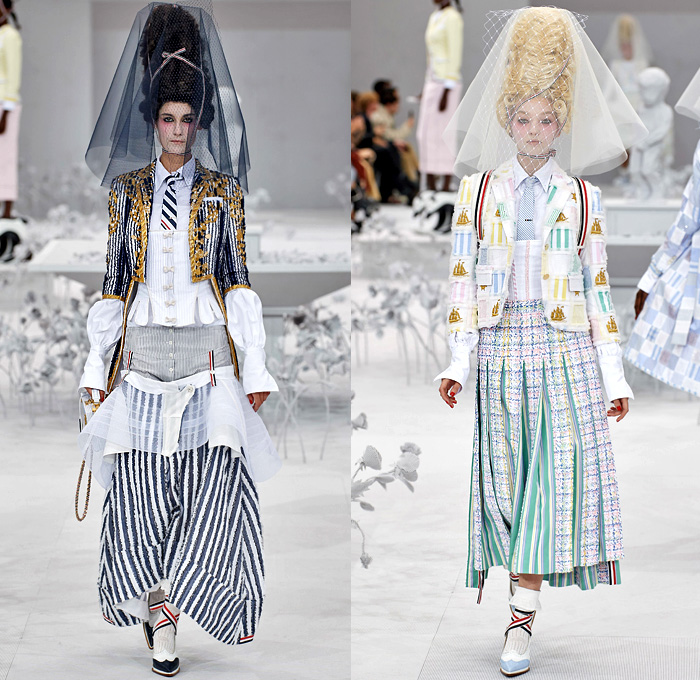 Thom Browne 2020 Spring Summer Womens Runway Catwalk Looks Collection - Mode à Paris Fashion Week France - Marie Antoinette 1980s Eighties Versailles Preppy Mesh Flowers Floral Headwear French Flag Ribbons Faux Necktie Blazer Jacket Coat Seersucker Stripes Choker Corset Patchwork Check Ship's Wheel Frayed Raw Hem Tweed Knit Weave Ruffles Peplum Crinoline Petticoat Long Pencil Skirt Hotpants Bridal Tulle Veil Wig Straw Hat Stick Flipper Dolphin Dog Handbag Brogues Lace Up Boots