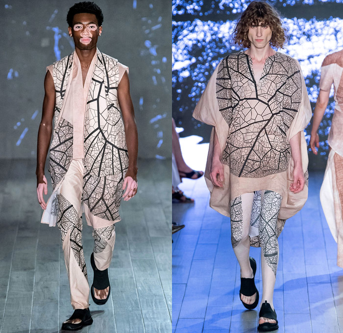 threeASFOUR 2020 Spring Summer Mens Runway Catwalk Looks Collection - New York Fashion Week NYFW - Human Plant Botanical Leaf Foliage Fauna Lines Branches Sheer Sleeveless Vest Tabard Patchwork Tunic Jacket Asymmetrical Hem Nylon Anorak Windbreaker Leggings Tights Sandals