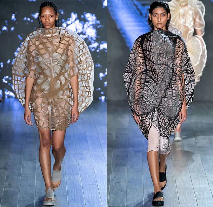 threeASFOUR 2020 Spring Summer Womens Runway Catwalk Looks Collection - New York Fashion Week NYFW - Human Plant Botanical Leaf Foliage Fauna Lines Branches Sheer Ruffles Tiered Cocoon Circular Mesh Perforated Wrap Dress Jacket Leggings Tights Onesie Jumpsuit Coveralls Handkerchief Hem PVC VInyl Poufy Shoulders Sandals