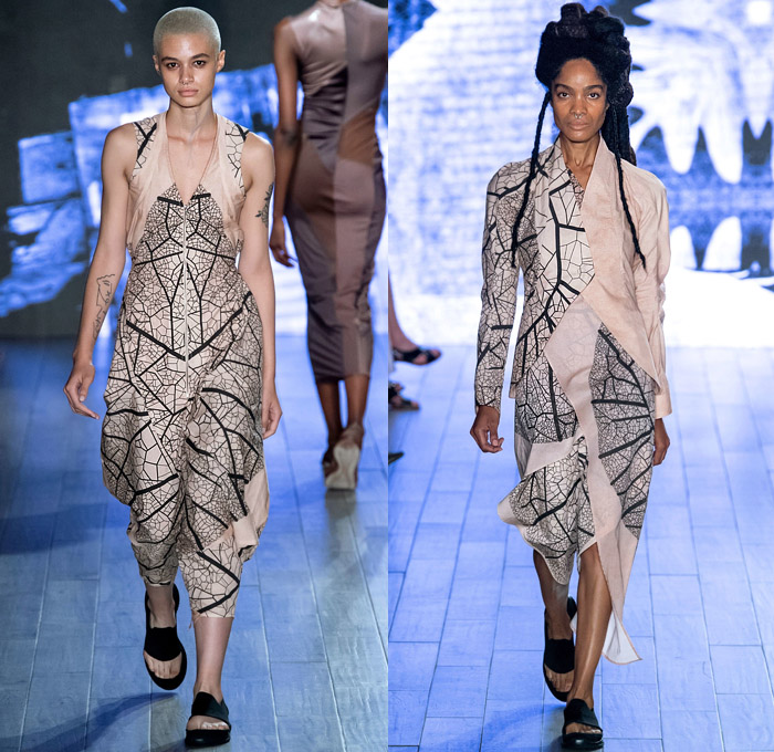 threeASFOUR 2020 Spring Summer Womens Runway Catwalk Looks Collection - New York Fashion Week NYFW - Human Plant Botanical Leaf Foliage Fauna Lines Branches Sheer Ruffles Tiered Cocoon Circular Mesh Perforated Wrap Dress Jacket Leggings Tights Onesie Jumpsuit Coveralls Handkerchief Hem PVC VInyl Poufy Shoulders Sandals