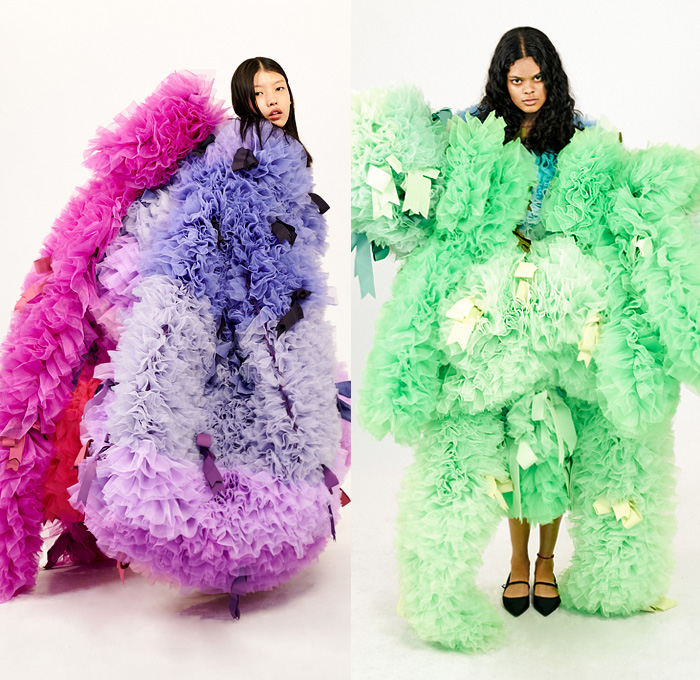 Tomotaka Koizumi 2020 Spring Summer Womens Lookbook Presentation - New York Fashion Week NYFW - Sculpture Dimensional Tiered Voluminous Ruffles Frills Ruche Ribbons Knot Ombré Gradient Colors Outerwear Gown Sheer Tulle Organza Cascades Hoodie