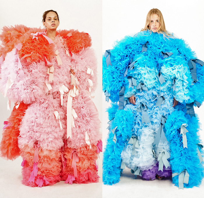 Tomotaka Koizumi 2020 Spring Summer Womens Lookbook Presentation - New York Fashion Week NYFW - Sculpture Dimensional Tiered Voluminous Ruffles Frills Ruche Ribbons Knot Ombré Gradient Colors Outerwear Gown Sheer Tulle Organza Cascades Hoodie