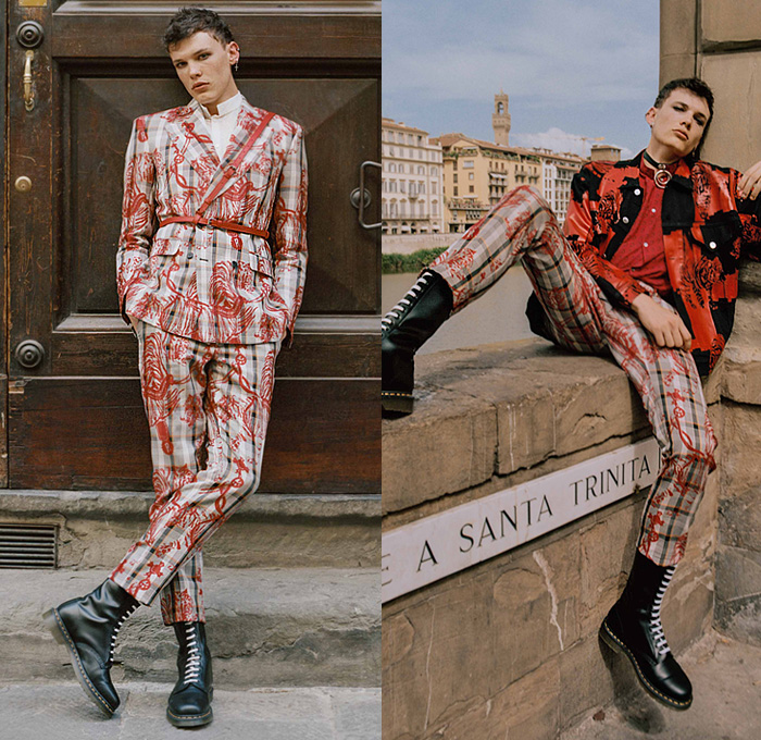 TRIPLE RRR by Robert Cavalli 2020 Spring Summer Mens Lookbook Presentation Florence Italy - Imperial Punkism Refuse Rebel Revolt Military British Punk Children of the Renaissance Animal Tiger Fire Print Jacquard Sleeveless Shirt Suit Blazer Motorcycle Biker Jacket Robe Loungewear Harness Medals Silk Satin Corduroy Velvet Denim Jeans Leather Boots