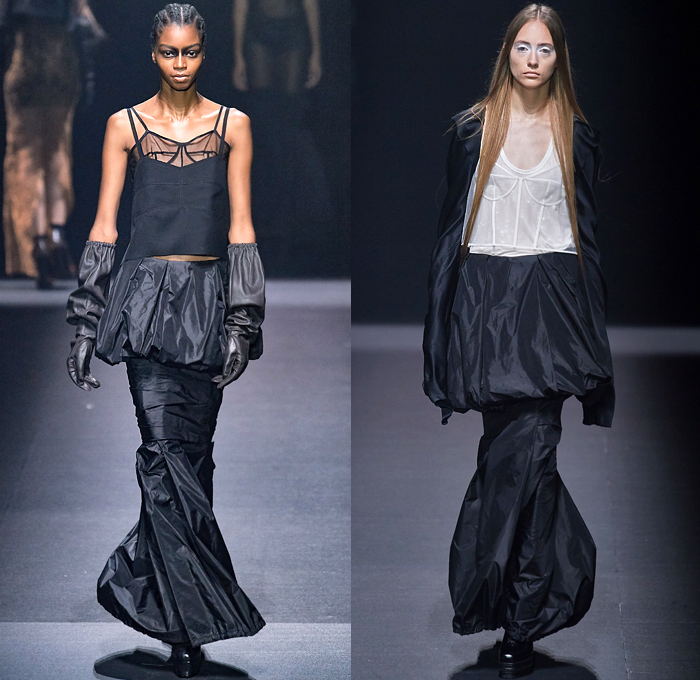 Vera Wang 2020 Spring Summer Womens Runway Catwalk Looks Collection - New York Fashion Week NYFW - Edwardian Chainmail Lingerie Intimates Garter Belts Lace Embroidery Silk Satin Utility Gloves Cutout Tiered Ruffles Shorts Bustier Wool Tweed Bedazzled Gemstones Crystals Sequins Paillettes Cargo Flap Pockets Sheer Tulle Polo Shirt Brocade Velvet Miniskirt Turtleneck Poufy Shoulders Blazer Draped Mullet High Low Hem Noodle Strap Long Skirt