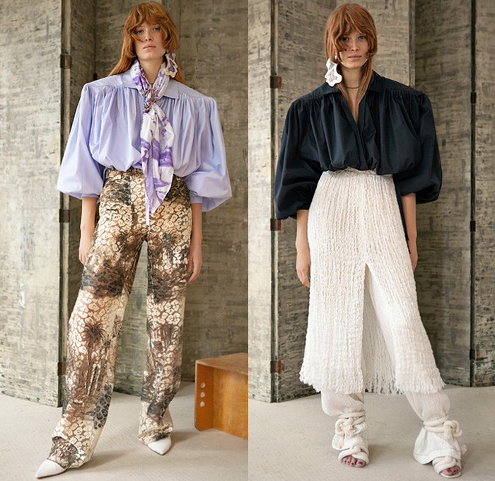 Véronique Leroy 2020 Spring Summer Womens Lookbook Presentation - Mode à Paris Fashion Week France - Moroccan Landscape House Trees Leopard Print Frankenstein Boxy High Shoulders Blouse Drawstring Rope Cord Cinch Scarf Poncho Pantsuit Blazer Big Collar Wide Leg Pants Leggings Tights Knit Mesh Long Skirt Handkerchief Hem Buttons Frayed Raw Hem Tied Shawl Sack Tote Pointed Mules Kitten Heels