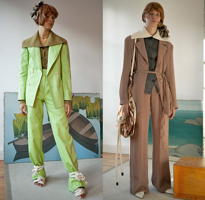 Véronique Leroy 2020 Spring Summer Womens Lookbook Presentation - Mode à Paris Fashion Week France - Moroccan Landscape House Trees Leopard Print Frankenstein Boxy High Shoulders Blouse Drawstring Rope Cord Cinch Scarf Poncho Pantsuit Blazer Big Collar Wide Leg Pants Leggings Tights Knit Mesh Long Skirt Handkerchief Hem Buttons Frayed Raw Hem Tied Shawl Sack Tote Pointed Mules Kitten Heels