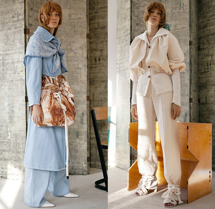 Véronique Leroy 2020 Spring Summer Womens Lookbook Presentation - Mode à Paris Fashion Week France - Moroccan Landscape House Trees Leopard Print Frankenstein Boxy High Shoulders Blouse Drawstring Rope Cord Cinch Scarf Poncho Pantsuit Blazer Big Collar Wide Leg Pants Leggings Tights Knit Mesh Long Skirt Handkerchief Hem Buttons Frayed Raw Hem Tied Shawl Sack Tote Pointed Mules Kitten Heels