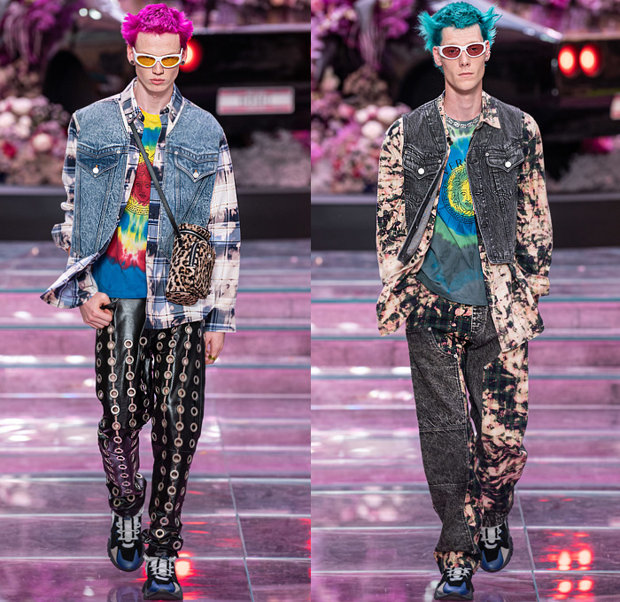 Versace 2020 Spring Summer Mens Runway Catwalk Looks Collection Milan Fashion Week Mens MFW Milano Moda Uomo - The Prodigy Keith Flint Tribute Punk Spikes Acid Wash Bleached Tie Dye Retro Denim Jeans Plaid Jacket Leopard Fanny Pack Waist Pouch Bum Bag Tote Grommets Holes Vase Baroque Ornament Decorative Art Print Lace Up Coat Baseball Cap Vintage Fragrance Bottle Ad Western Fringes Silk Satin Knit Sweater Scarf Half Split Blazer PVC Vinyl Mesh Trainers Boots