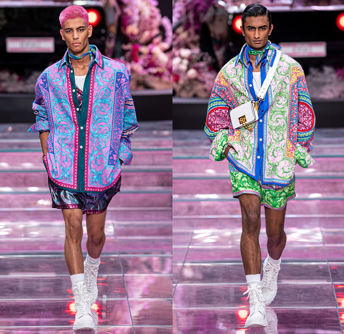 Versace 2020 Spring Summer Mens Runway Catwalk Looks Collection Milan Fashion Week Mens MFW Milano Moda Uomo - The Prodigy Keith Flint Tribute Punk Spikes Acid Wash Bleached Tie Dye Retro Denim Jeans Plaid Jacket Leopard Fanny Pack Waist Pouch Bum Bag Tote Grommets Holes Vase Baroque Ornament Decorative Art Print Lace Up Coat Baseball Cap Vintage Fragrance Bottle Ad Western Fringes Silk Satin Knit Sweater Scarf Half Split Blazer PVC Vinyl Mesh Trainers Boots