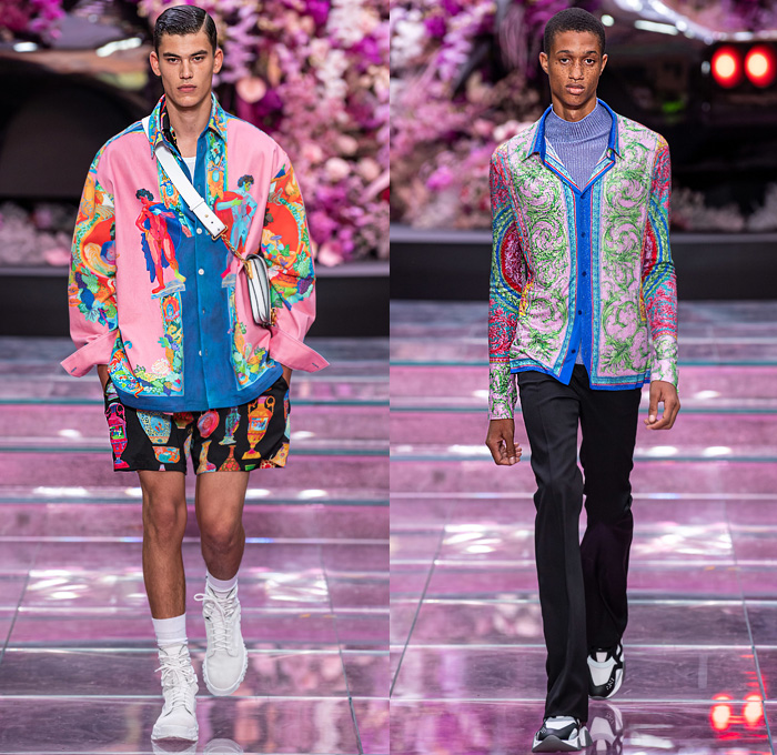 Versace 2020 Spring Summer Mens Runway Catwalk Looks Collection Milan Fashion Week Mens MFW Milano Moda Uomo - The Prodigy Keith Flint Tribute Punk Spikes Acid Wash Bleached Tie Dye Retro Denim Jeans Plaid Jacket Leopard Fanny Pack Waist Pouch Bum Bag Tote Grommets Holes Vase Baroque Ornament Decorative Art Print Lace Up Coat Baseball Cap Vintage Fragrance Bottle Ad Western Fringes Silk Satin Knit Sweater Scarf Half Split Blazer PVC Vinyl Mesh Trainers Boots