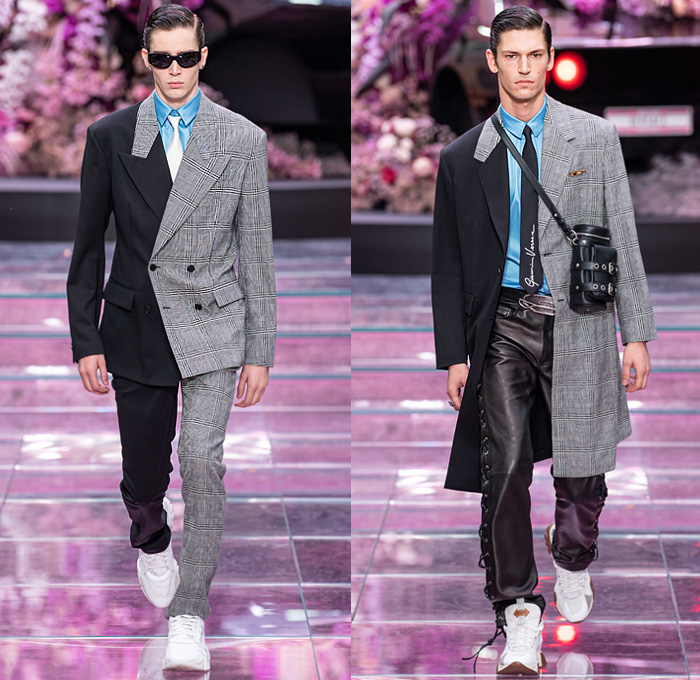 Versace 2020 Spring Summer Mens Runway Catwalk Looks Collection Milan Fashion Week Mens MFW Milano Moda Uomo - The Prodigy Keith Flint Tribute Punk Spikes Acid Wash Bleached Tie Dye Retro Denim Jeans Plaid Jacket Leopard Fanny Pack Waist Pouch Bum Bag Tote Grommets Holes Vase Baroque Ornament Decorative Art Print Lace Up Coat Baseball Cap Vintage Fragrance Bottle Ad Western Fringes Silk Satin Knit Sweater Scarf Half Split Blazer PVC Vinyl Mesh Trainers Boots