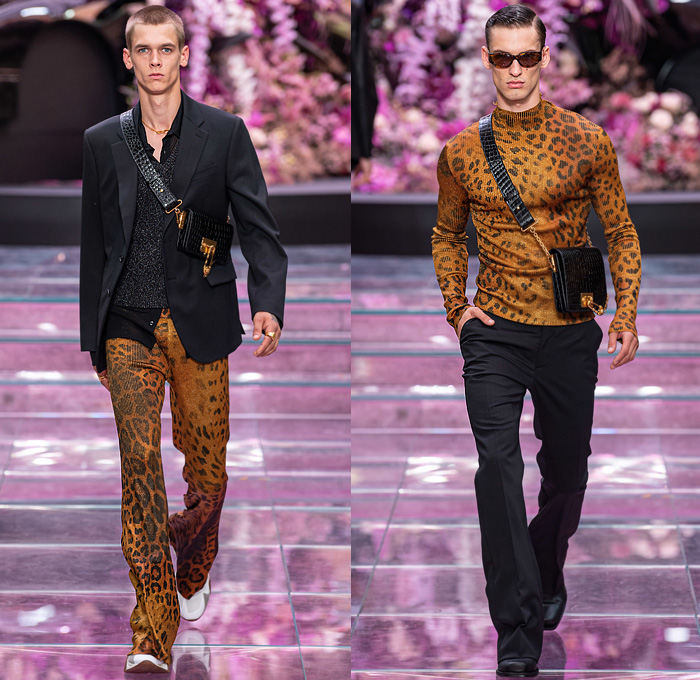 Versace 2020 Spring Summer Mens Runway Catwalk Looks Collection Milan Fashion Week Mens MFW Milano Moda Uomo - The Prodigy Keith Flint Tribute Punk Spikes Acid Wash Bleached Tie Dye Retro Denim Jeans Plaid Jacket Leopard Fanny Pack Waist Pouch Bum Bag Tote Grommets Holes Vase Baroque Ornament Decorative Art Print Lace Up Coat Baseball Cap Vintage Fragrance Bottle Ad Western Fringes Silk Satin Knit Sweater Scarf Half Split Blazer PVC Vinyl Mesh Trainers Boots