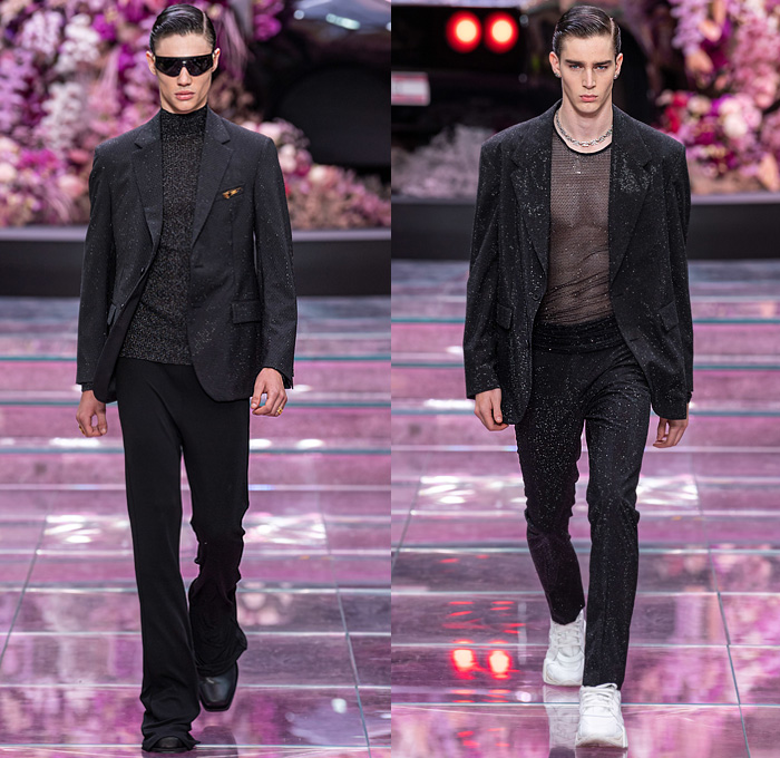 Versace 2020 Spring Summer Mens Runway Catwalk Looks Collection Milan Fashion Week Mens MFW Milano Moda Uomo - The Prodigy Keith Flint Tribute Punk Spikes Acid Wash Bleached Tie Dye Retro Denim Jeans Plaid Jacket Leopard Fanny Pack Waist Pouch Bum Bag Tote Grommets Holes Vase Baroque Ornament Decorative Art Print Lace Up Coat Baseball Cap Vintage Fragrance Bottle Ad Western Fringes Silk Satin Knit Sweater Scarf Half Split Blazer PVC Vinyl Mesh Trainers Boots