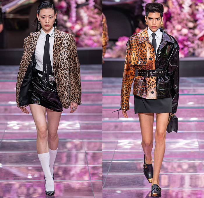 Versace 2020 Spring Summer Womens Runway Catwalk Looks Collection Milan Fashion Week Mens MFW Milano Moda Uomo - The Prodigy Keith Flint Tribute Punk Spikes Acid Wash Bleached Tie Dye Retro Denim Jeans Plaid Jacket Leopard Fanny Pack Waist Pouch Bum Bag Grommets Holes Vase Ornament Decorative Art Print Miniskirt Neck Tie Half Split PVC Vinyl Coated Blazer Lace Up Hem Studs Bikini Crop Top Turtleneck Knit Sweater Poufy Shoulders Wrap Dress Leggings Trainers Clutch Purse