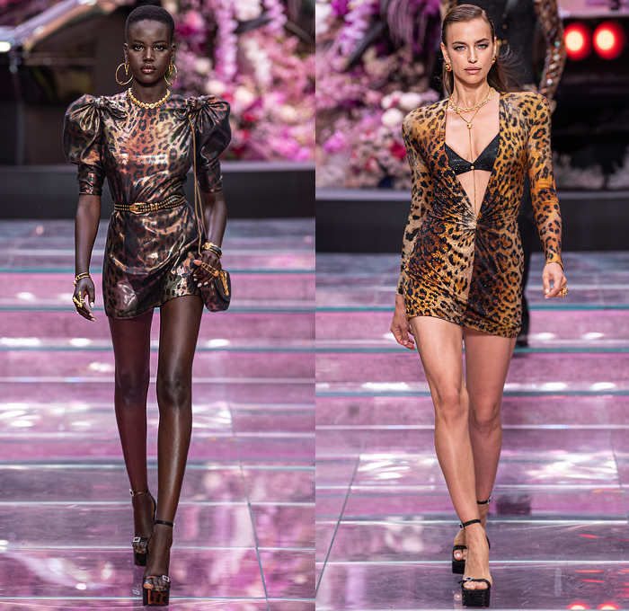 Versace 2020 Spring Summer Womens Runway Catwalk Looks Collection Milan Fashion Week Mens MFW Milano Moda Uomo - The Prodigy Keith Flint Tribute Punk Spikes Acid Wash Bleached Tie Dye Retro Denim Jeans Plaid Jacket Leopard Fanny Pack Waist Pouch Bum Bag Grommets Holes Vase Ornament Decorative Art Print Miniskirt Neck Tie Half Split PVC Vinyl Coated Blazer Lace Up Hem Studs Bikini Crop Top Turtleneck Knit Sweater Poufy Shoulders Wrap Dress Leggings Trainers Clutch Purse