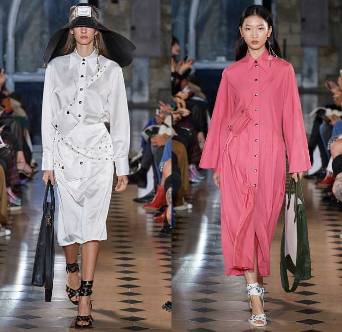 Victoria/Tomas 2020 Spring Summer Womens Runway Catwalk Looks Collection - Mode à Paris Fashion Week France - Infused Pouch Bum Bag Fanny Pack Grommets Straps Bleached Denim Jeans Cutoffs Stripes Blouse Pointed Panels Shirtdress Onesie Drawstring Hole Chain Fringes Blazer Gingham Picnic Check Patchwork Skirt Cutout Collar Drawstring Cargo Flap Pockets Bohemian Boho-Chic Bell Sleeves Swirls Draped Shorts Neck Flap Bucket Hat Tote Handbag Boots Gladiators