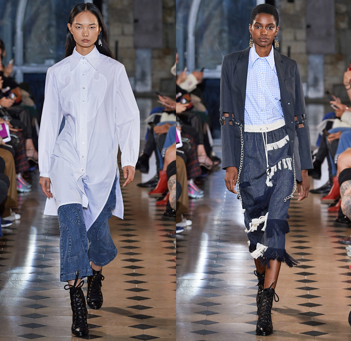 Victoria/Tomas 2020 Spring Summer Womens Runway Catwalk Looks Collection - Mode à Paris Fashion Week France - Infused Pouch Bum Bag Fanny Pack Grommets Straps Bleached Denim Jeans Cutoffs Stripes Blouse Pointed Panels Shirtdress Onesie Drawstring Hole Chain Fringes Blazer Gingham Picnic Check Patchwork Skirt Cutout Collar Drawstring Cargo Flap Pockets Bohemian Boho-Chic Bell Sleeves Swirls Draped Shorts Neck Flap Bucket Hat Tote Handbag Boots Gladiators