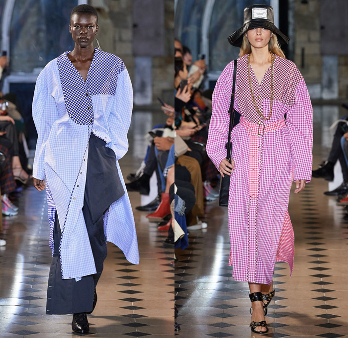 Victoria/Tomas 2020 Spring Summer Womens Runway Catwalk Looks Collection - Mode à Paris Fashion Week France - Infused Pouch Bum Bag Fanny Pack Grommets Straps Bleached Denim Jeans Cutoffs Stripes Blouse Pointed Panels Shirtdress Onesie Drawstring Hole Chain Fringes Blazer Gingham Picnic Check Patchwork Skirt Cutout Collar Drawstring Cargo Flap Pockets Bohemian Boho-Chic Bell Sleeves Swirls Draped Shorts Neck Flap Bucket Hat Tote Handbag Boots Gladiators