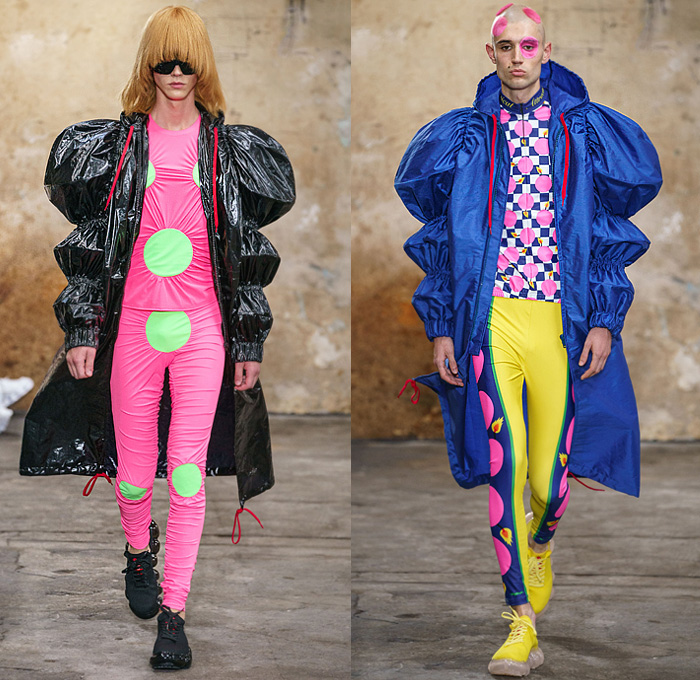 Walter Van Beirendonck 2020 Spring Summer Mens Runway Looks Collection Paris Fashion Week Homme France FHCM - Alien Vintage Witblitz Atomic VRY Heid SPook Asem SkatteboL Poufy Lantern Sleeves Bomb Pop Art Bomber Jacket Coat Parka Kimono Geometric Circles Check Trackwear Quilted Plastic Ruffles Mesh Sweater Robots Parachute Nylon Pants Leggings Boxing Shorts Fishnet Mask Trainers