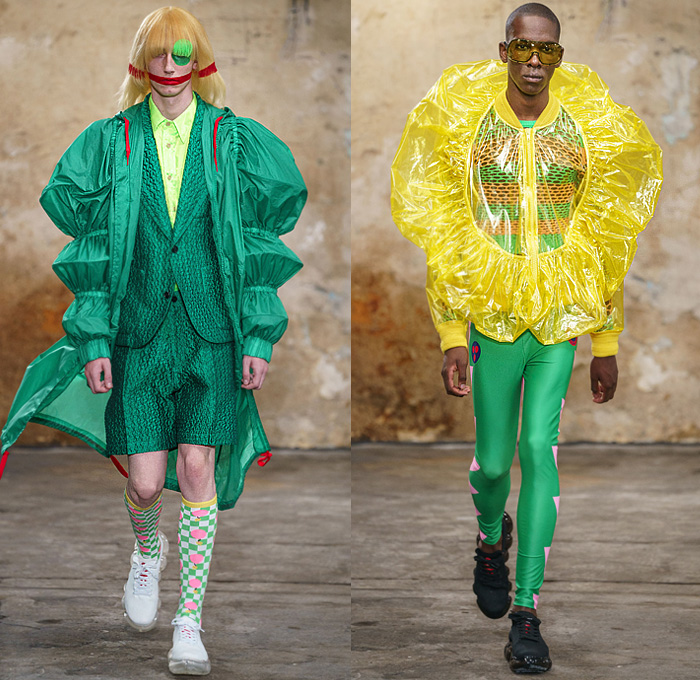 Walter Van Beirendonck 2020 Spring Summer Mens Runway Looks Collection Paris Fashion Week Homme France FHCM - Alien Vintage Witblitz Atomic VRY Heid SPook Asem SkatteboL Poufy Lantern Sleeves Bomb Pop Art Bomber Jacket Coat Parka Kimono Geometric Circles Check Trackwear Quilted Plastic Ruffles Mesh Sweater Robots Parachute Nylon Pants Leggings Boxing Shorts Fishnet Mask Trainers