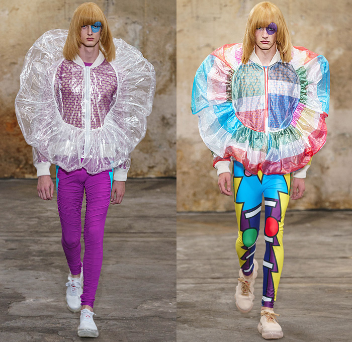 Walter Van Beirendonck 2020 Spring Summer Mens Runway Looks Collection Paris Fashion Week Homme France FHCM - Alien Vintage Witblitz Atomic VRY Heid SPook Asem SkatteboL Poufy Lantern Sleeves Bomb Pop Art Bomber Jacket Coat Parka Kimono Geometric Circles Check Trackwear Quilted Plastic Ruffles Mesh Sweater Robots Parachute Nylon Pants Leggings Boxing Shorts Fishnet Mask Trainers