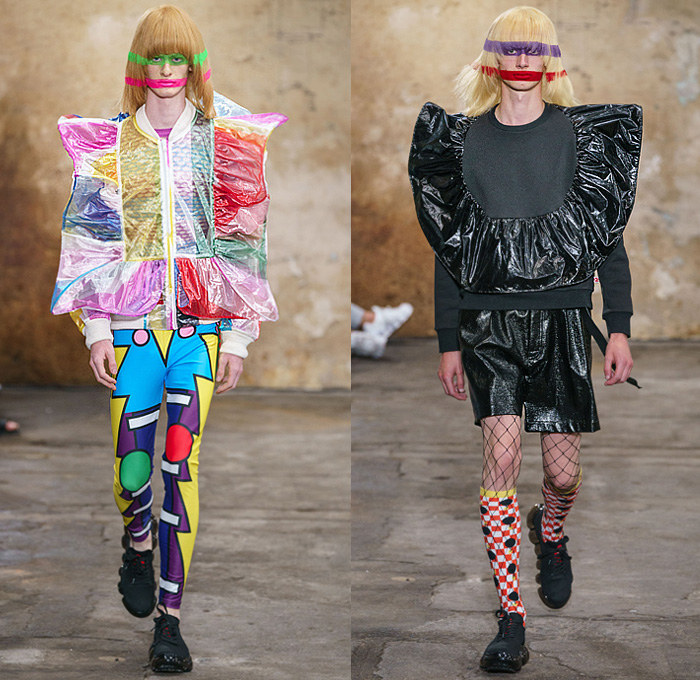 Walter Van Beirendonck 2020 Spring Summer Mens Runway Looks Collection Paris Fashion Week Homme France FHCM - Alien Vintage Witblitz Atomic VRY Heid SPook Asem SkatteboL Poufy Lantern Sleeves Bomb Pop Art Bomber Jacket Coat Parka Kimono Geometric Circles Check Trackwear Quilted Plastic Ruffles Mesh Sweater Robots Parachute Nylon Pants Leggings Boxing Shorts Fishnet Mask Trainers