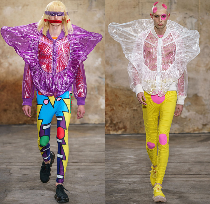 Walter Van Beirendonck 2020 Spring Summer Mens Runway Looks Collection Paris Fashion Week Homme France FHCM - Alien Vintage Witblitz Atomic VRY Heid SPook Asem SkatteboL Poufy Lantern Sleeves Bomb Pop Art Bomber Jacket Coat Parka Kimono Geometric Circles Check Trackwear Quilted Plastic Ruffles Mesh Sweater Robots Parachute Nylon Pants Leggings Boxing Shorts Fishnet Mask Trainers