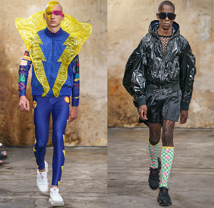 Walter Van Beirendonck 2020 Spring Summer Mens Runway Looks Collection Paris Fashion Week Homme France FHCM - Alien Vintage Witblitz Atomic VRY Heid SPook Asem SkatteboL Poufy Lantern Sleeves Bomb Pop Art Bomber Jacket Coat Parka Kimono Geometric Circles Check Trackwear Quilted Plastic Ruffles Mesh Sweater Robots Parachute Nylon Pants Leggings Boxing Shorts Fishnet Mask Trainers