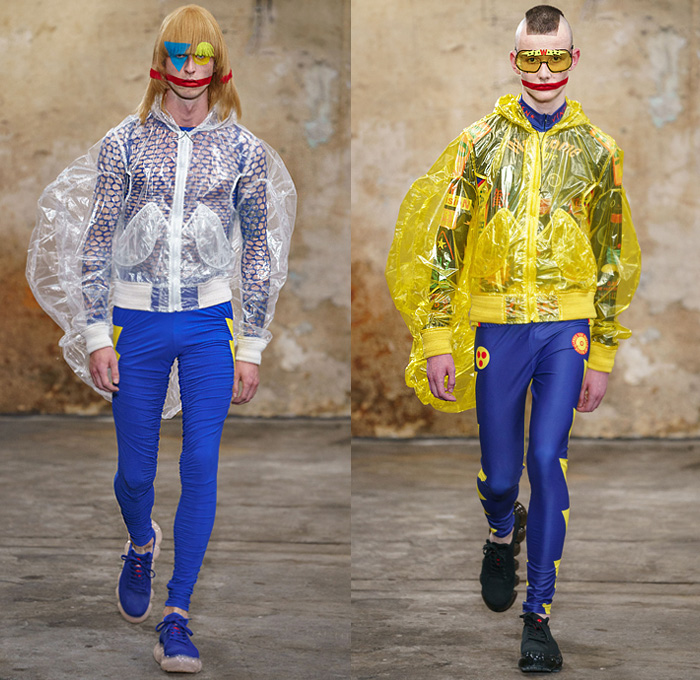 Walter Van Beirendonck 2020 Spring Summer Mens Runway Looks Collection Paris Fashion Week Homme France FHCM - Alien Vintage Witblitz Atomic VRY Heid SPook Asem SkatteboL Poufy Lantern Sleeves Bomb Pop Art Bomber Jacket Coat Parka Kimono Geometric Circles Check Trackwear Quilted Plastic Ruffles Mesh Sweater Robots Parachute Nylon Pants Leggings Boxing Shorts Fishnet Mask Trainers