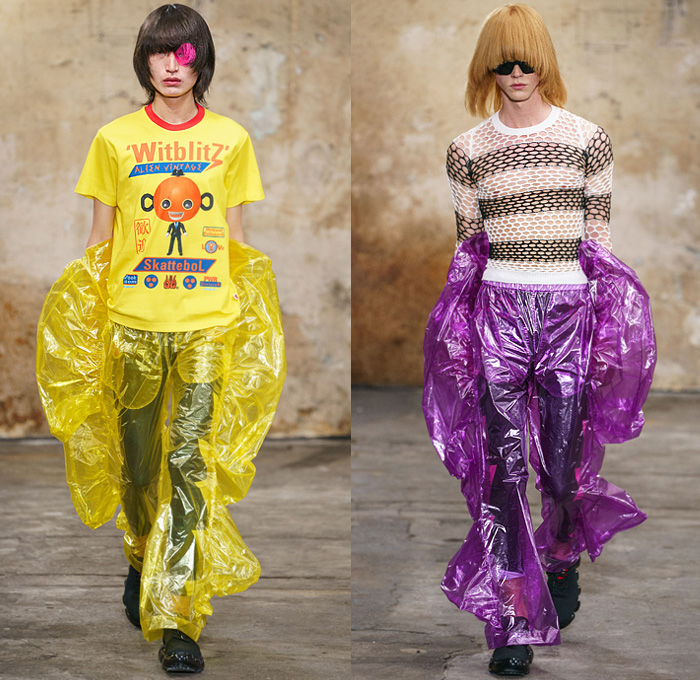 Walter Van Beirendonck 2020 Spring Summer Mens Runway Looks Collection Paris Fashion Week Homme France FHCM - Alien Vintage Witblitz Atomic VRY Heid SPook Asem SkatteboL Poufy Lantern Sleeves Bomb Pop Art Bomber Jacket Coat Parka Kimono Geometric Circles Check Trackwear Quilted Plastic Ruffles Mesh Sweater Robots Parachute Nylon Pants Leggings Boxing Shorts Fishnet Mask Trainers