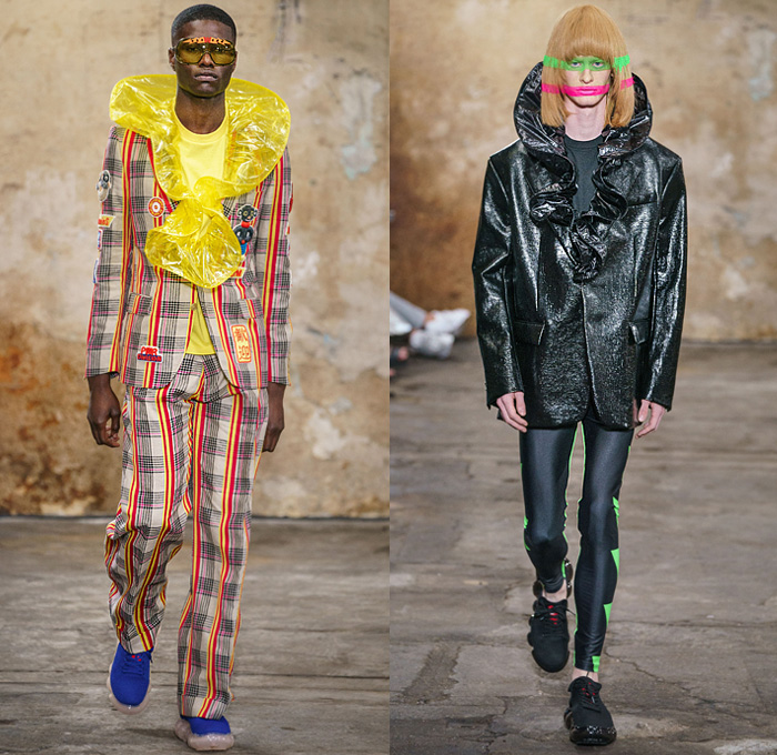 Walter Van Beirendonck 2020 Spring Summer Mens Runway Looks Collection Paris Fashion Week Homme France FHCM - Alien Vintage Witblitz Atomic VRY Heid SPook Asem SkatteboL Poufy Lantern Sleeves Bomb Pop Art Bomber Jacket Coat Parka Kimono Geometric Circles Check Trackwear Quilted Plastic Ruffles Mesh Sweater Robots Parachute Nylon Pants Leggings Boxing Shorts Fishnet Mask Trainers