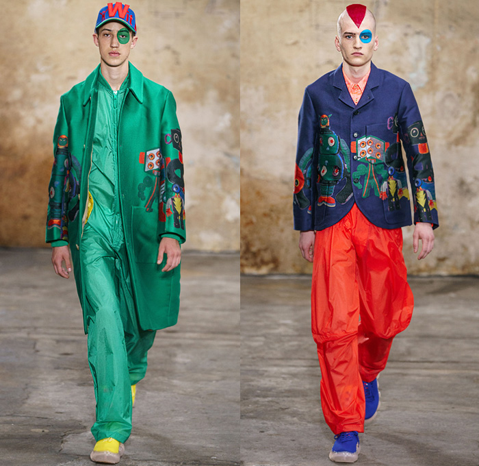 Walter Van Beirendonck 2020 Spring Summer Mens Runway Looks Collection Paris Fashion Week Homme France FHCM - Alien Vintage Witblitz Atomic VRY Heid SPook Asem SkatteboL Poufy Lantern Sleeves Bomb Pop Art Bomber Jacket Coat Parka Kimono Geometric Circles Check Trackwear Quilted Plastic Ruffles Mesh Sweater Robots Parachute Nylon Pants Leggings Boxing Shorts Fishnet Mask Trainers