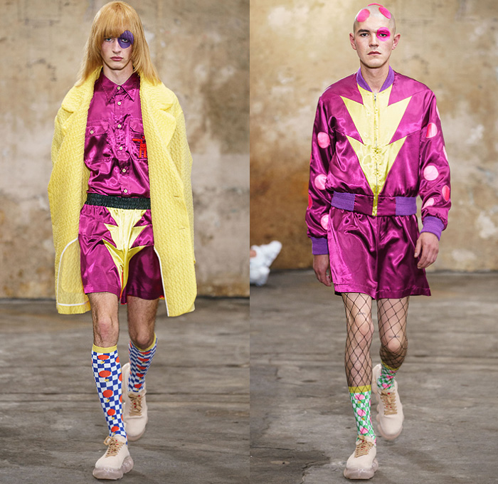 Walter Van Beirendonck 2020 Spring Summer Mens Runway Looks Collection Paris Fashion Week Homme France FHCM - Alien Vintage Witblitz Atomic VRY Heid SPook Asem SkatteboL Poufy Lantern Sleeves Bomb Pop Art Bomber Jacket Coat Parka Kimono Geometric Circles Check Trackwear Quilted Plastic Ruffles Mesh Sweater Robots Parachute Nylon Pants Leggings Boxing Shorts Fishnet Mask Trainers