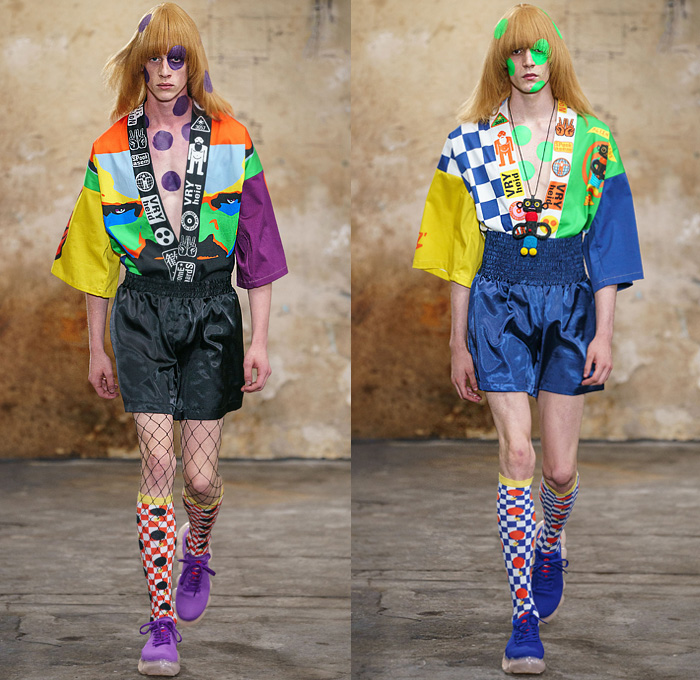 Walter Van Beirendonck 2020 Spring Summer Mens Runway Looks Collection Paris Fashion Week Homme France FHCM - Alien Vintage Witblitz Atomic VRY Heid SPook Asem SkatteboL Poufy Lantern Sleeves Bomb Pop Art Bomber Jacket Coat Parka Kimono Geometric Circles Check Trackwear Quilted Plastic Ruffles Mesh Sweater Robots Parachute Nylon Pants Leggings Boxing Shorts Fishnet Mask Trainers