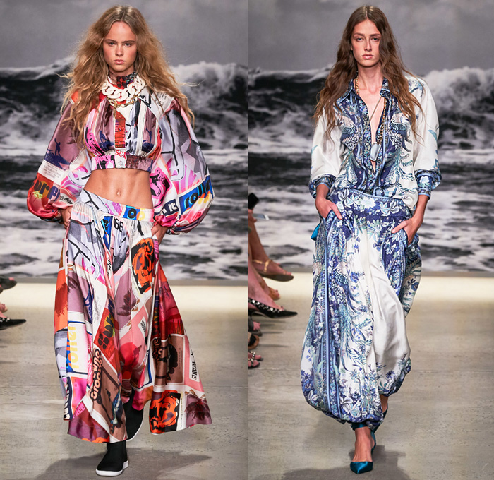 Zimmermann 2020 Spring Summer Womens Runway Catwalk Looks Collection - New York Fashion Week NYFW - Wavelength Lace Needlework Eyelets Holes Mesh Embroidery Cutwork Ruffles Poufy Sleeves Retro Surf Posters Print Wings Ostrich Feathers Flowers Floral Palm Trees Decorative Art Batik Baroque Bohemian Boho-Chic Sheer Tulle Dress Gown Wide Leg Harem Flare Pants Crop Top Blouse Shirtdress Shorts Jumpsuit Coveralls Onesie Wrap Fringes Chain Pouch Heels Sandals