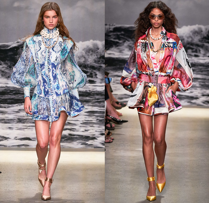 Zimmermann 2020 Spring Summer Womens Runway Catwalk Looks Collection - New York Fashion Week NYFW - Wavelength Lace Needlework Eyelets Holes Mesh Embroidery Cutwork Ruffles Poufy Sleeves Retro Surf Posters Print Wings Ostrich Feathers Flowers Floral Palm Trees Decorative Art Batik Baroque Bohemian Boho-Chic Sheer Tulle Dress Gown Wide Leg Harem Flare Pants Crop Top Blouse Shirtdress Shorts Jumpsuit Coveralls Onesie Wrap Fringes Chain Pouch Heels Sandals