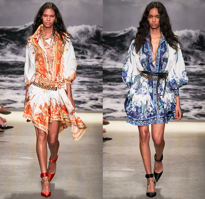 Zimmermann 2020 Spring Summer Womens Runway Catwalk Looks Collection - New York Fashion Week NYFW - Wavelength Lace Needlework Eyelets Holes Mesh Embroidery Cutwork Ruffles Poufy Sleeves Retro Surf Posters Print Wings Ostrich Feathers Flowers Floral Palm Trees Decorative Art Batik Baroque Bohemian Boho-Chic Sheer Tulle Dress Gown Wide Leg Harem Flare Pants Crop Top Blouse Shirtdress Shorts Jumpsuit Coveralls Onesie Wrap Fringes Chain Pouch Heels Sandals