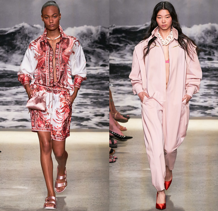 Zimmermann 2020 Spring Summer Womens Runway Catwalk Looks Collection - New York Fashion Week NYFW - Wavelength Lace Needlework Eyelets Holes Mesh Embroidery Cutwork Ruffles Poufy Sleeves Retro Surf Posters Print Wings Ostrich Feathers Flowers Floral Palm Trees Decorative Art Batik Baroque Bohemian Boho-Chic Sheer Tulle Dress Gown Wide Leg Harem Flare Pants Crop Top Blouse Shirtdress Shorts Jumpsuit Coveralls Onesie Wrap Fringes Chain Pouch Heels Sandals