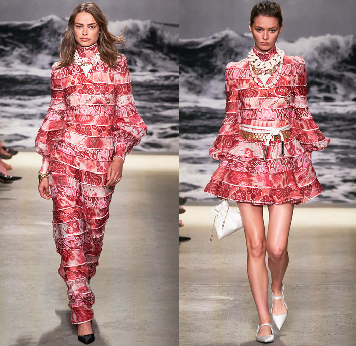 Zimmermann 2020 Spring Summer Womens Runway Catwalk Looks Collection - New York Fashion Week NYFW - Wavelength Lace Needlework Eyelets Holes Mesh Embroidery Cutwork Ruffles Poufy Sleeves Retro Surf Posters Print Wings Ostrich Feathers Flowers Floral Palm Trees Decorative Art Batik Baroque Bohemian Boho-Chic Sheer Tulle Dress Gown Wide Leg Harem Flare Pants Crop Top Blouse Shirtdress Shorts Jumpsuit Coveralls Onesie Wrap Fringes Chain Pouch Heels Sandals