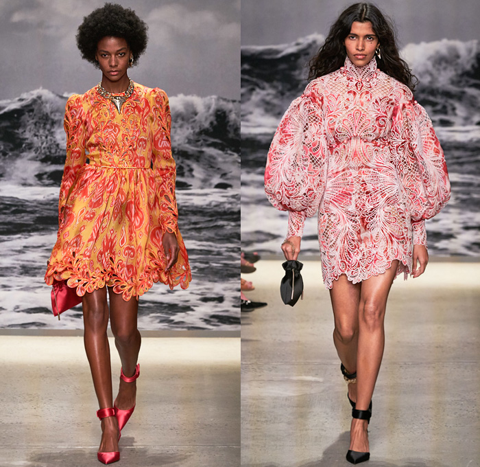 Zimmermann 2020 Spring Summer Womens Runway Catwalk Looks Collection - New York Fashion Week NYFW - Wavelength Lace Needlework Eyelets Holes Mesh Embroidery Cutwork Ruffles Poufy Sleeves Retro Surf Posters Print Wings Ostrich Feathers Flowers Floral Palm Trees Decorative Art Batik Baroque Bohemian Boho-Chic Sheer Tulle Dress Gown Wide Leg Harem Flare Pants Crop Top Blouse Shirtdress Shorts Jumpsuit Coveralls Onesie Wrap Fringes Chain Pouch Heels Sandals