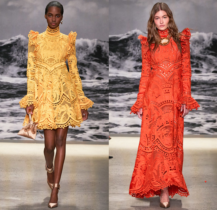 Zimmermann 2020 Spring Summer Womens Runway Catwalk Looks Collection - New York Fashion Week NYFW - Wavelength Lace Needlework Eyelets Holes Mesh Embroidery Cutwork Ruffles Poufy Sleeves Retro Surf Posters Print Wings Ostrich Feathers Flowers Floral Palm Trees Decorative Art Batik Baroque Bohemian Boho-Chic Sheer Tulle Dress Gown Wide Leg Harem Flare Pants Crop Top Blouse Shirtdress Shorts Jumpsuit Coveralls Onesie Wrap Fringes Chain Pouch Heels Sandals