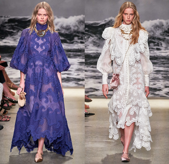 Zimmermann 2020 Spring Summer Womens Runway Catwalk Looks Collection - New York Fashion Week NYFW - Wavelength Lace Needlework Eyelets Holes Mesh Embroidery Cutwork Ruffles Poufy Sleeves Retro Surf Posters Print Wings Ostrich Feathers Flowers Floral Palm Trees Decorative Art Batik Baroque Bohemian Boho-Chic Sheer Tulle Dress Gown Wide Leg Harem Flare Pants Crop Top Blouse Shirtdress Shorts Jumpsuit Coveralls Onesie Wrap Fringes Chain Pouch Heels Sandals